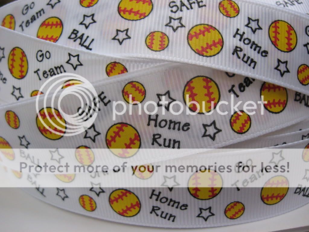   ribbon of white baseballs and yellow softballs on white grosgrain